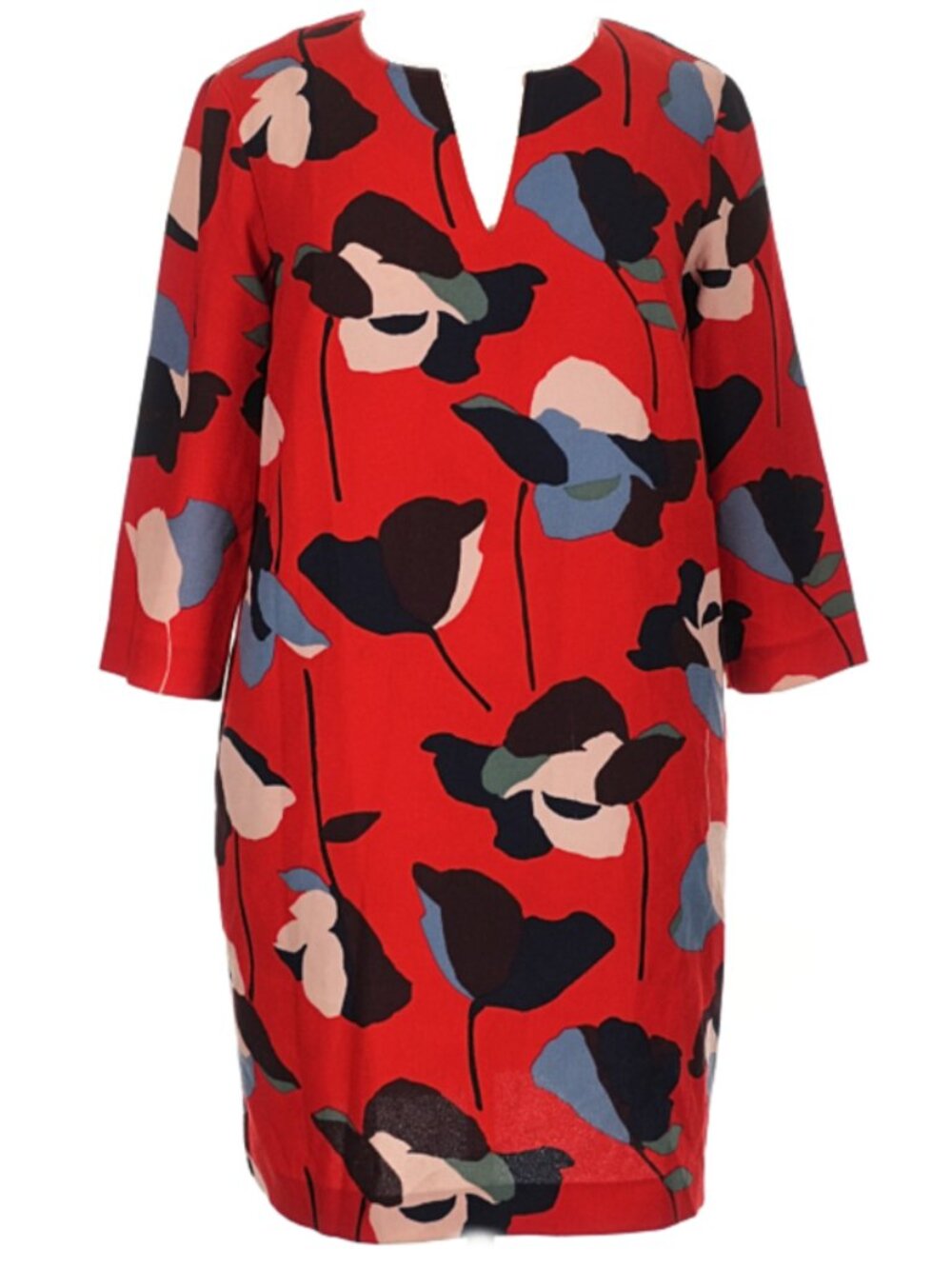Boden Red Abstract Poppy Print Shift Dress | 3/4 Sleeve Notched V-Neck